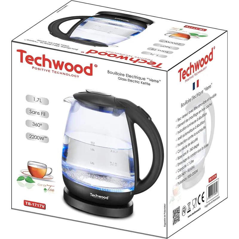 BOUILLOIRE SANS FIL EN VERRE 1.7 L FILTRE AMOVIBLE TECHWOOD