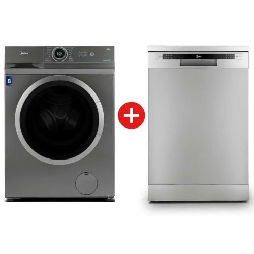 PACK LAVE VAISSELLE WQP13-5201C-8+LAVE LINGE MF100W80B/T SILVER MIDEA