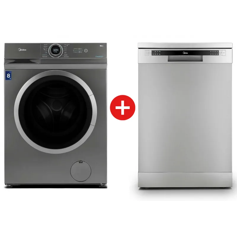 PACK LAVE VAISSELLE WQP13-5201C-8+LAVE LINGE MF100W80B/T SILVER MIDEA